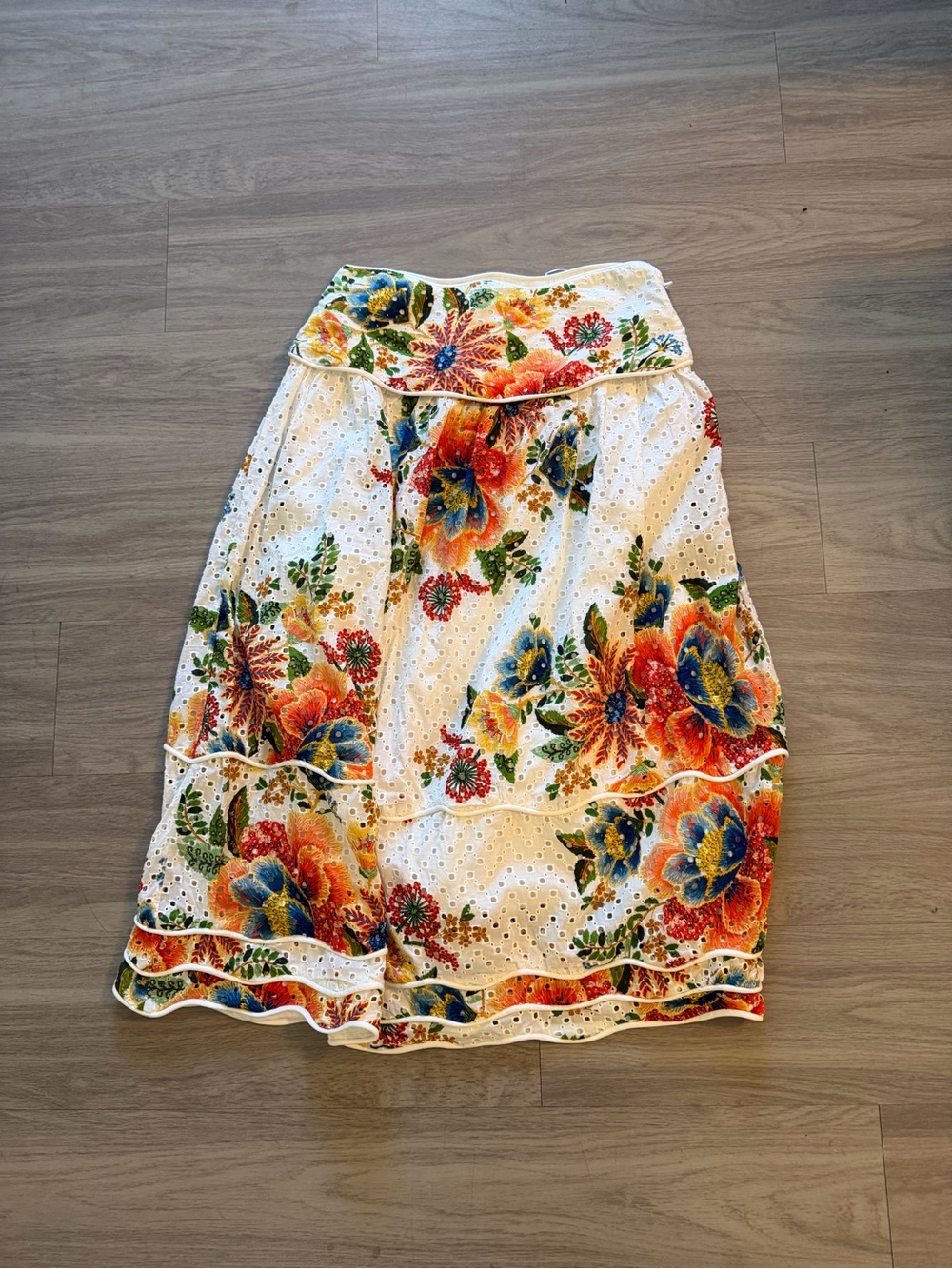 FARM Rio White Eyelet Midi Skirt with Orange, Blue & Green Floral Print